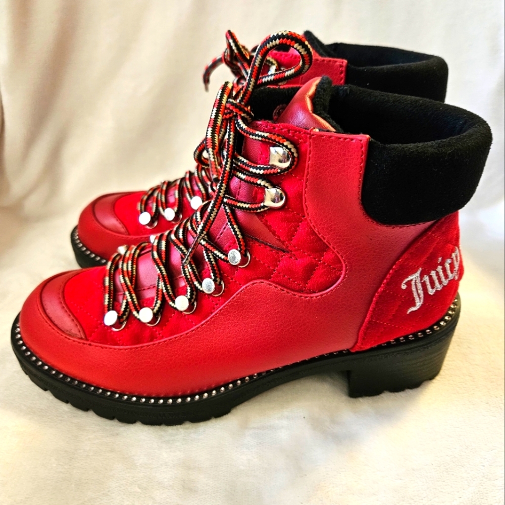 Juicy Couture Women’s 6M Indulgence Red Quilted Hiking Combat Boots Rhinestones
